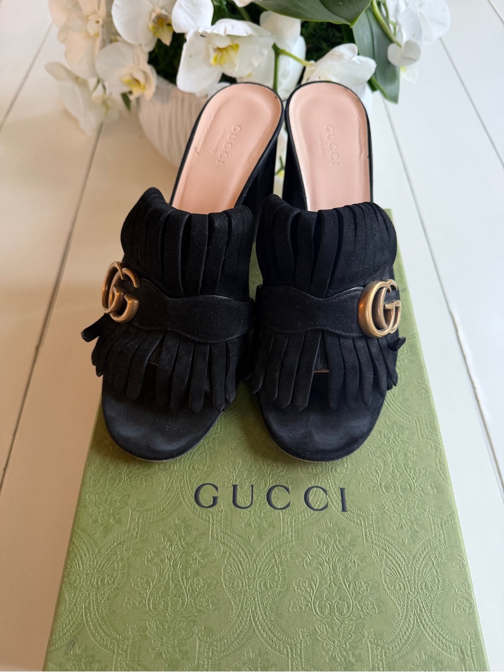 Gucci Black Suede Fringe Mules with Gold Double G